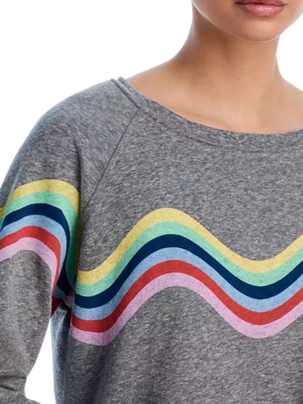 Aqua Gray Sweatshirt with Rainbow Wave Stripes